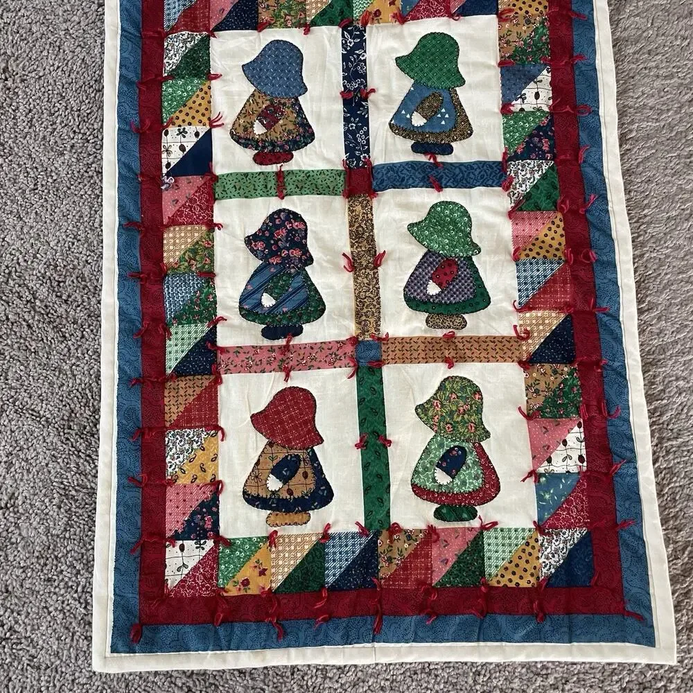 Sue Bonnet Sue Wall Hanging Quilt Colorful Cottage Core Folk Art Handmade VTG